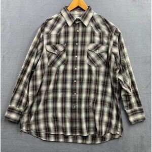 Vtg Rock Creek Ranch Pearl Snap Shirt Big Mens 2XL Green Gray Plaid Top Cowboy